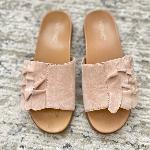 Vionic Shoes - Vionic Roni Rose Suede Orthotic Slide Sandals Size 7.5 Ruffled Boho Comfort